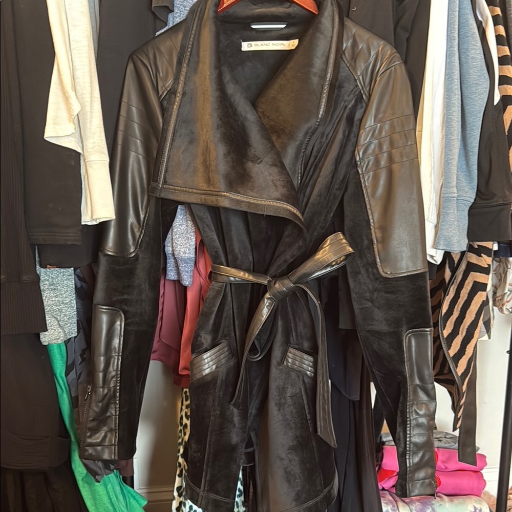Blanc Noir Black Leather Jacket with Wide Collar and Tie Belt